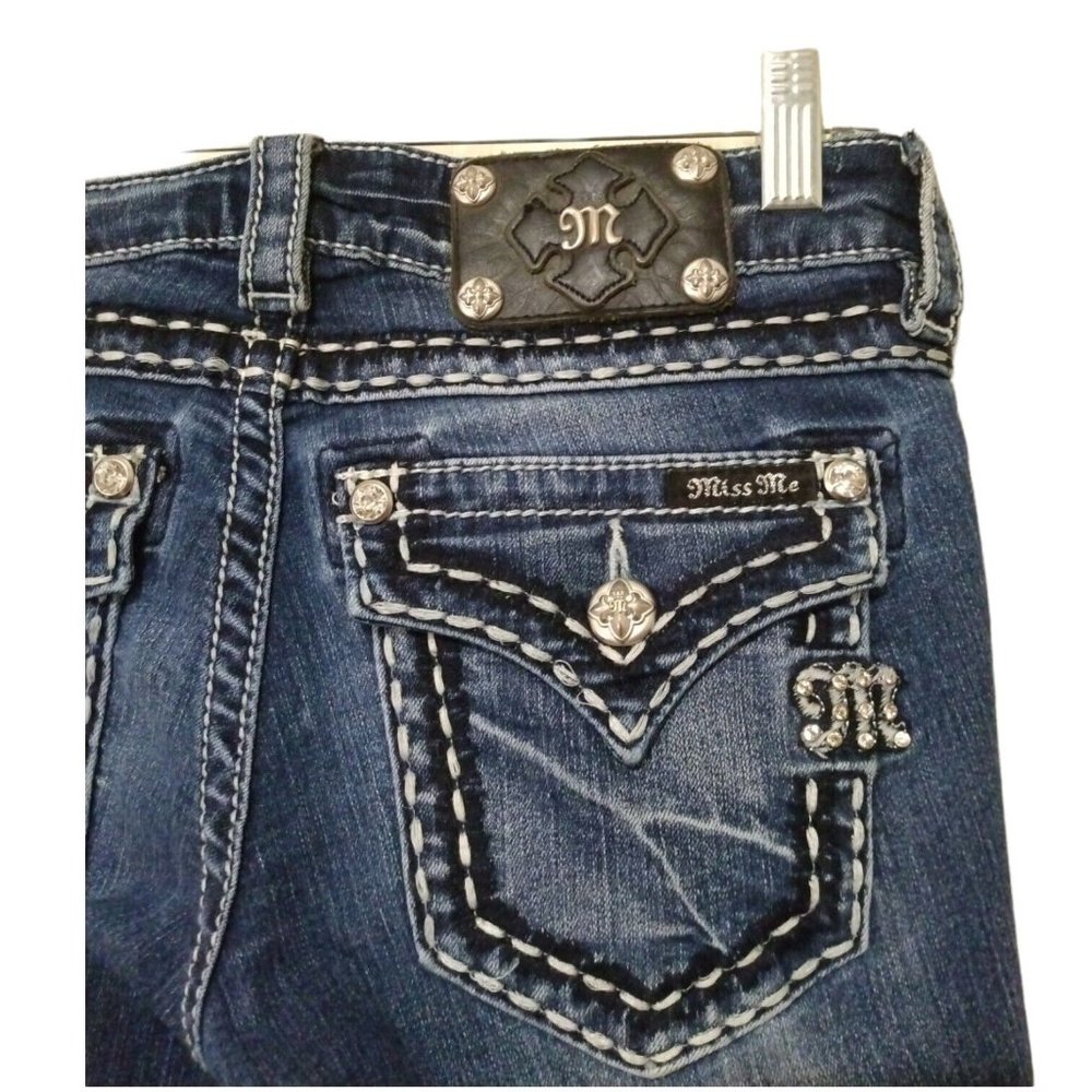 Miss Me Womens Mid-Rise Bootcut Flare Rhinestone Embellished Bling Blue Jeans 26